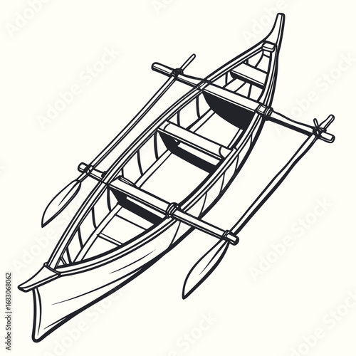 Illustration of a traditional outrigger canoe with paddles, , showcasing a classic watercraft used for fishing, travel, and cultural heritage in pacific islands