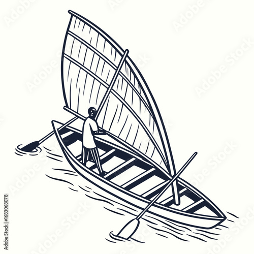 Illustration of a traditional sailing boat with a man sailing, , showcasing a classic watercraft used for fishing, travel, and cultural heritage in pacific islands
