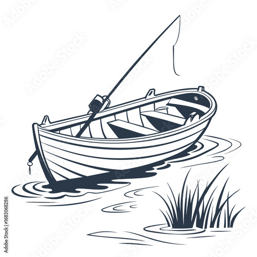 Vector art of a monochrome illustration of a fishing boat on a calm lake, complete with a fishing pole, , evoking a sense of tranquility and peacefulness in nature