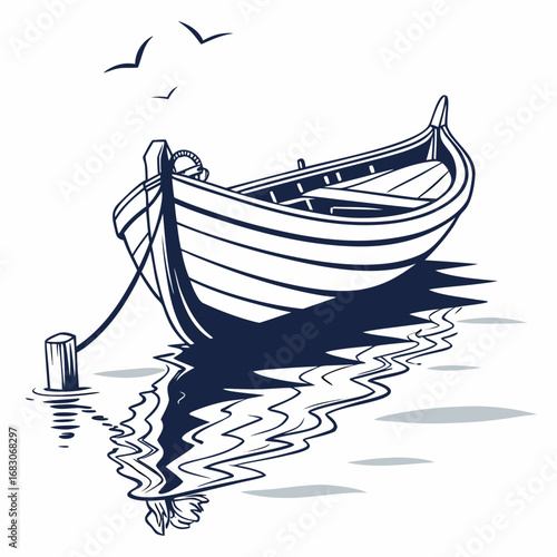 Vector art of a charming rowboat rests peacefully on the tranquil water, its reflection shimmering in the gentle waves, evoking a sense of calm and adventure