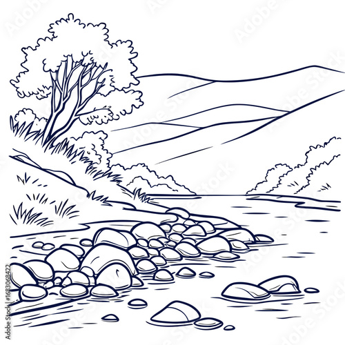 Vector art of a serene river landscape with smooth stones and lush trees, set against a backdrop of majestic mountains, ideal for nature lovers