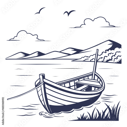 Vector art of a tranquil scene of a small boat gently floating on a calm lake, surrounded by majestic mountains and fluffy clouds, inviting a sense of peace
