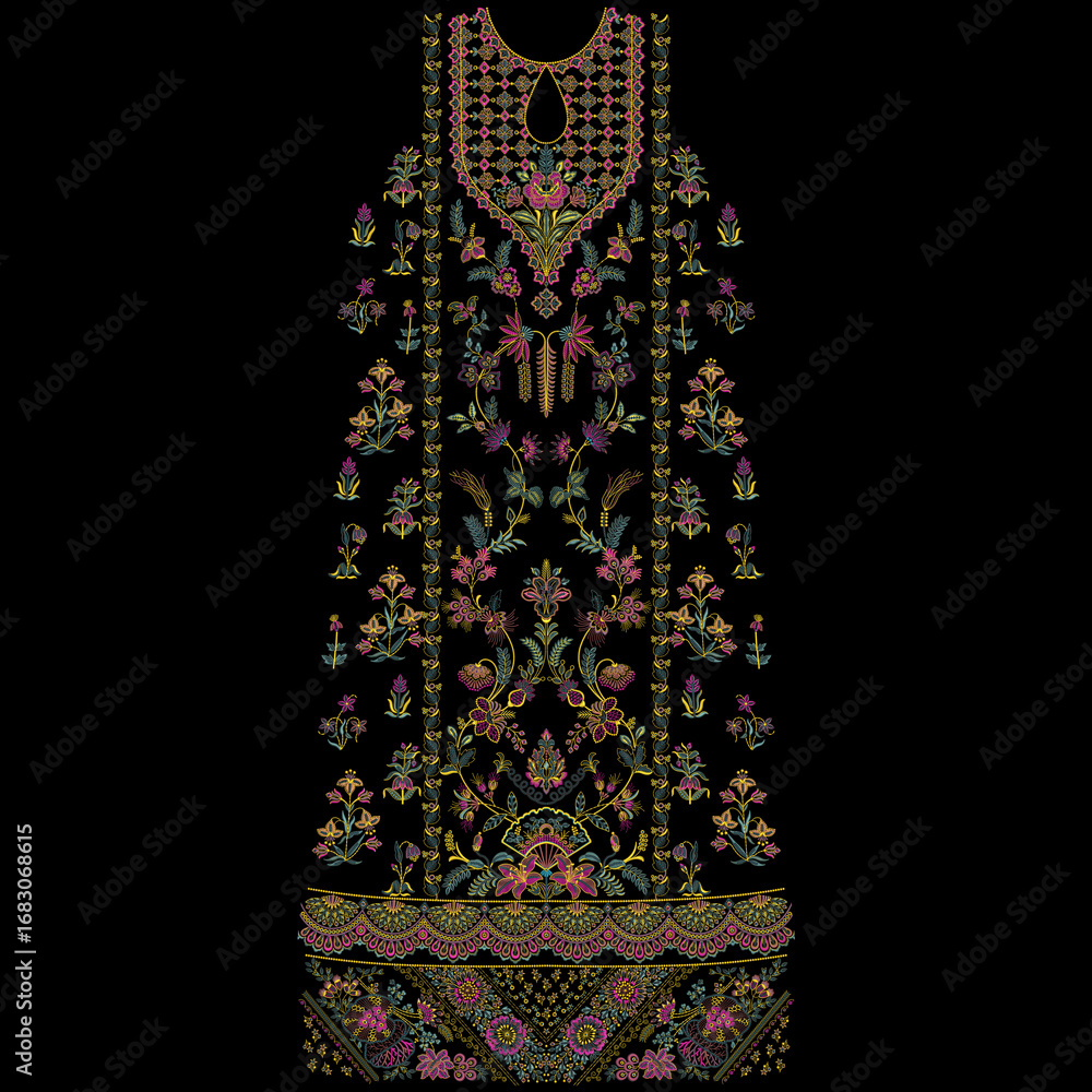 Obraz premium Embroidery neckline and lace border design with paisley and floral motifs and trendy embroidered ornaments for textile print on fabric 