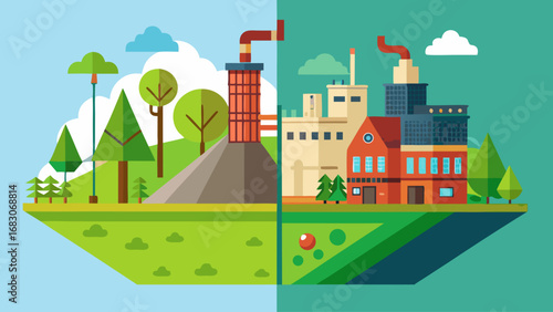 Two different worlds, one with a green forest and the other with a city. The forest is peaceful and serene, while the city is bustling and industrial