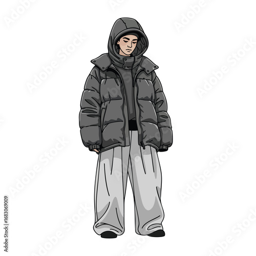Stylish young person in an oversized grey hooded puffer jacket and baggy pants.