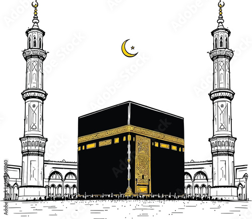 Kaaba vector illustration with crescent moon, minarets, and mosque arches — Islamic sacred site for spiritual themes