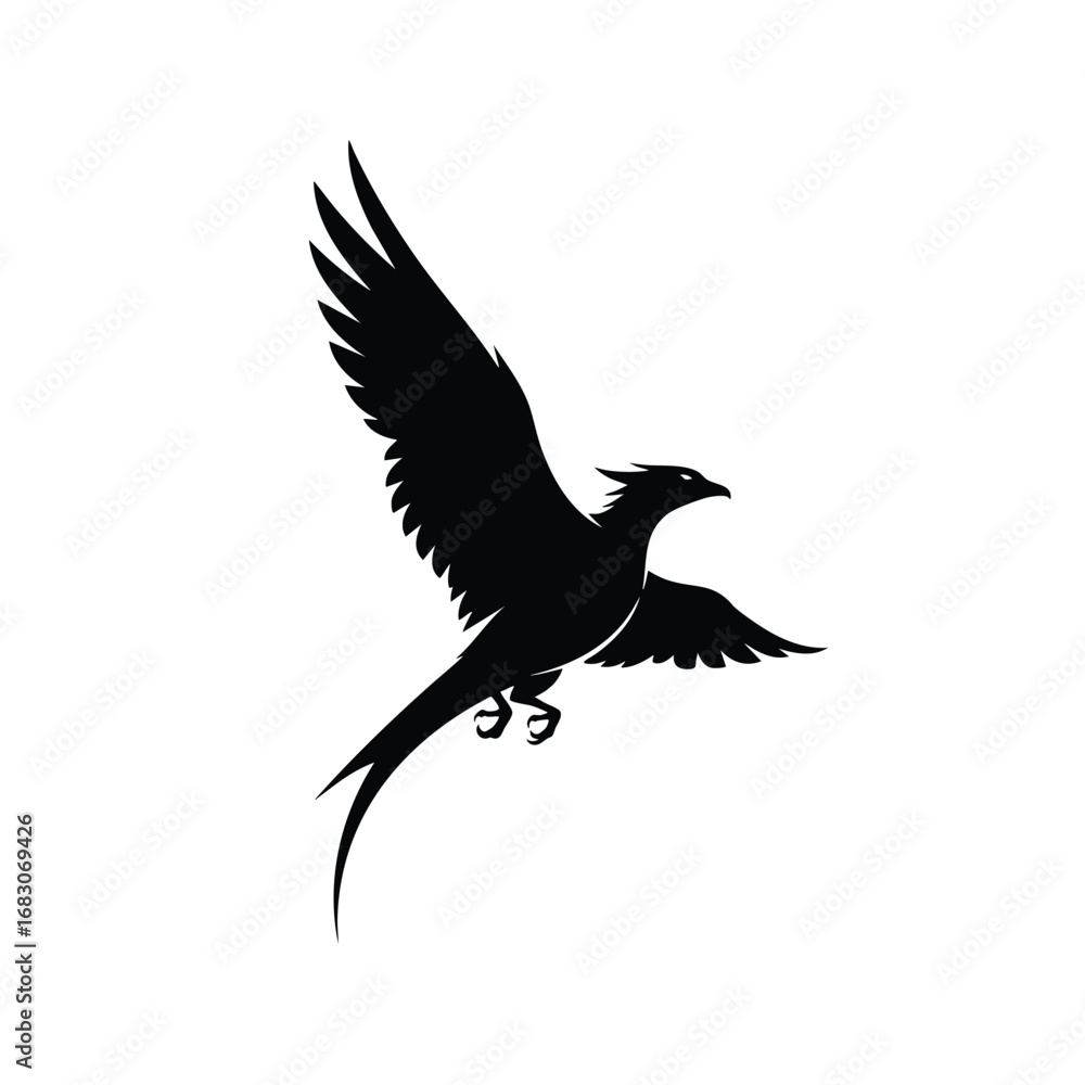 Obraz premium Stylized black phoenix bird silhouette in flight with long flowing tail feathers.