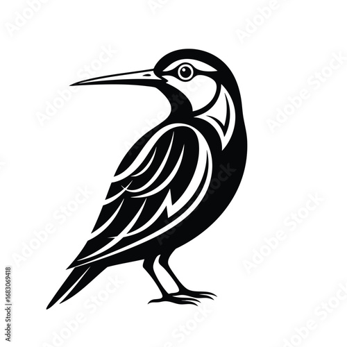Stylized black and white standing bird with a long beak depicted in a bold graphic art style.