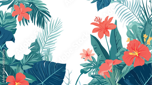 Vibrant tropical foliage and red hibiscus flowers framing a white space for copy