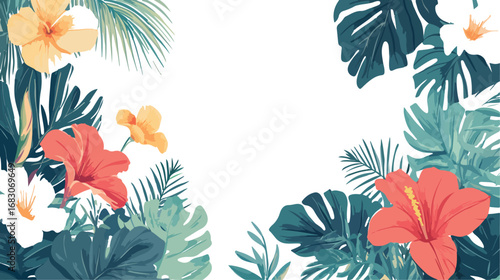 Vibrant tropical floral arrangement with lush greenery and exotic flowers on white background