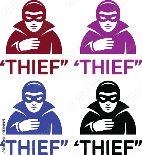 Four colorful icons of a masked thief character with the word thief