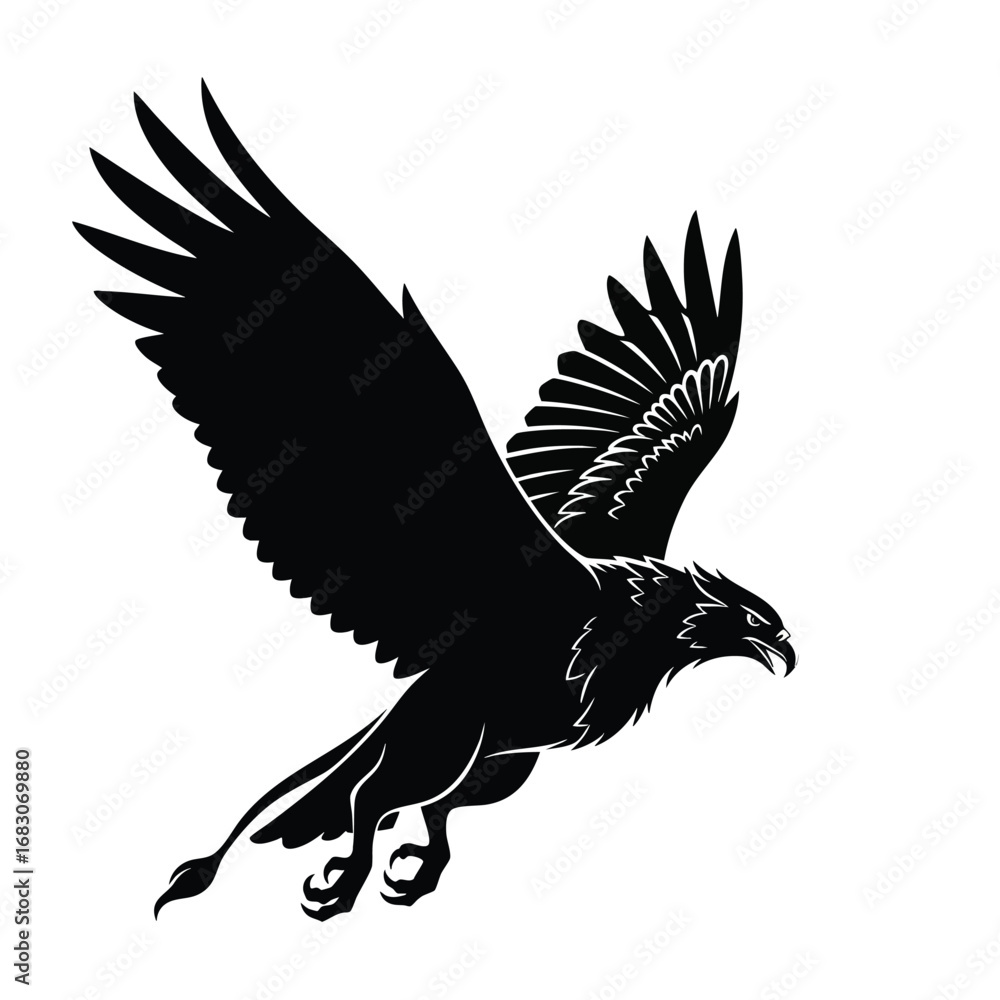 Obraz premium Stylized black silhouette of a powerful mythical griffin in midflight with spread wings.