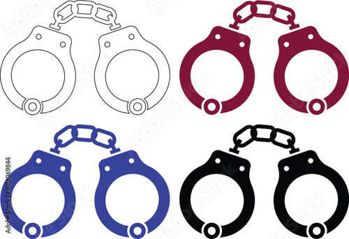 Four different styles of handcuffs in outline and color icons