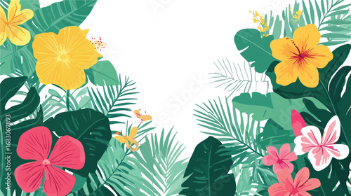 Vibrant tropical floral arrangement with lush green foliage and exotic flowers in bloom