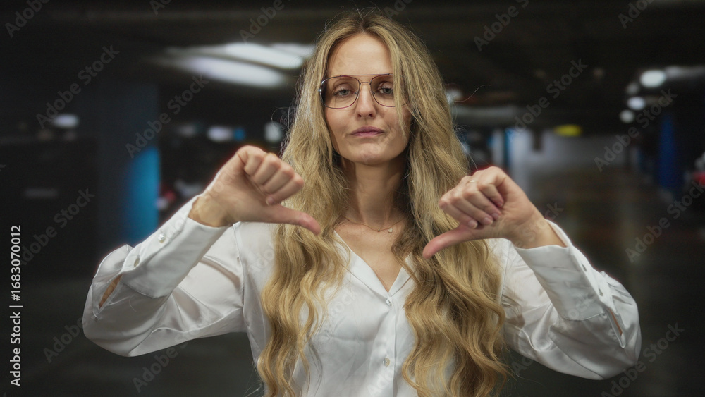 Fototapeta premium Woman with glasses gives thumbs down in a dimly lit parking garage, wearing a white shirt and showing long blonde hair, conveying disapproval indoors.