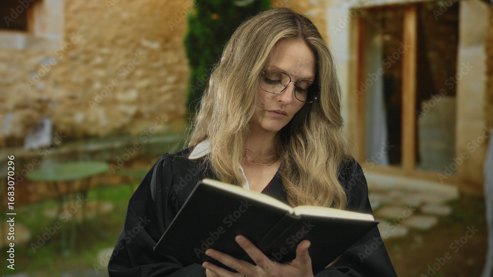 Obraz premium Young blonde woman judge reading a book outdoors with stone building background in natural lighting environment.
