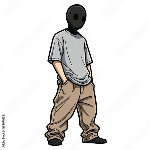 Urban street style character in a grey tshirt baggy pants and a black anonymous mask.