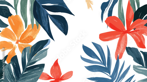 Vibrant watercolor painting of tropical flowers and lush green leaves on a white background