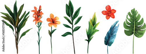 Collection of various artificial plants and flowers with green orange blue and red foliage