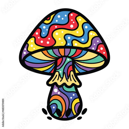 Vibrant psychedelic mushroom illustration with colorful trippy patterns and bold black outlines.