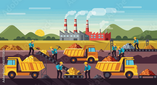 Flat vector background of miners sorting and loading ores into trucks with factory buildings in the distance