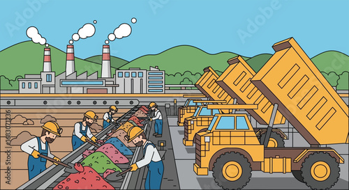 Flat vector background of miners sorting and loading ores into trucks with factory buildings in the distance
