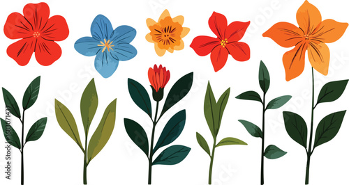 Collection of vibrant hand painted flowers and green leaves against a white background