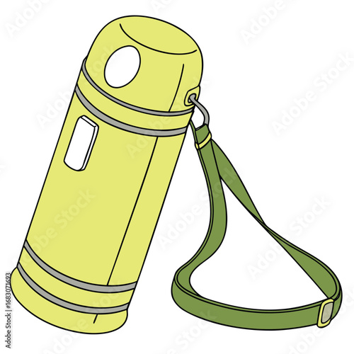 A thermos flask or insulated water bottle. It's a pale yellow color with two gray horizontal stripes and a gray cap. It also has a green strap attached for carrying. The flask has a rectangular handle