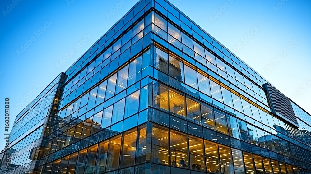 Fototapeta premium Modern glass office building with blue sky