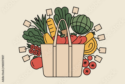 Illustrated tote bag filled with fresh vegetables and fruits with price tags on a light background