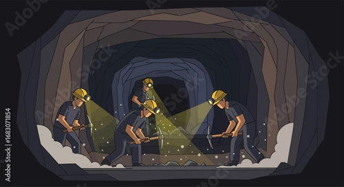flat vector background of miners wearing helmets and lamps, digging with pickaxes inside a dark underground tunnel
