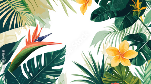 Vibrant tropical foliage with a bird of paradise flower and yellow hibiscus in a lush jungle setting