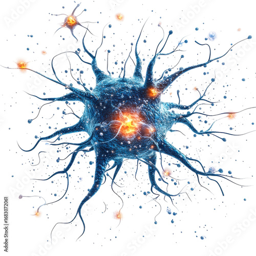 Detailed 3D rendering of a neuron cell with dendrites and axons showcasing cellular biology and neurological science for medical use on transparent background