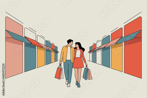 A couple walking down a street lined with colorful shops carrying shopping bags after a shopping spree