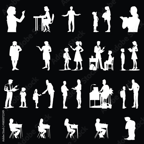Silhouettes of Teachers and Students Engaged in Various Educational Activities Celebrating the Role of Education and Learning in Schools and Classrooms
