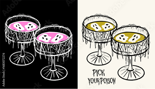 Hand drawn Halloween drink illustration with skulls and cob web, Pick your Poison Halloween cocktail illustration with spider web 