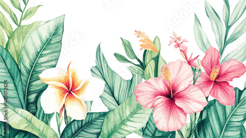 Vibrant watercolor painting of lush tropical foliage and blooming hibiscus and plumeria flowers