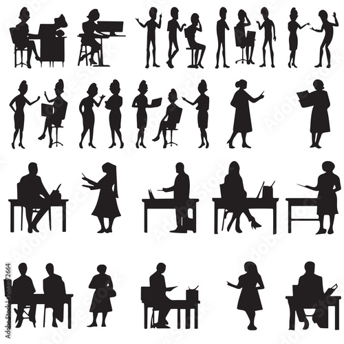 Silhouettes of diverse teachers in various classroom and office settings engaging in teaching reading discussing and working at desks representing education and professional roles