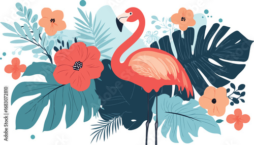 Vibrant tropical flamingo surrounded by lush greenery and bright coral flowers