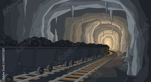 Flat vector illustration of mining carts filled with coal running on rail tracks in a cave environment