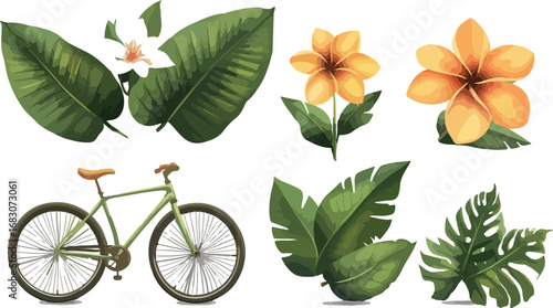 Vintage bicycle and tropical flowers and leaves isolated on white background