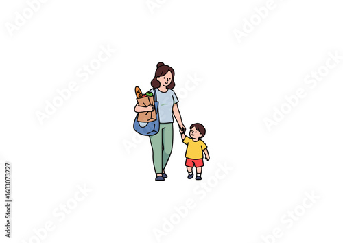 icon of mother carrying groceries with her child beside her