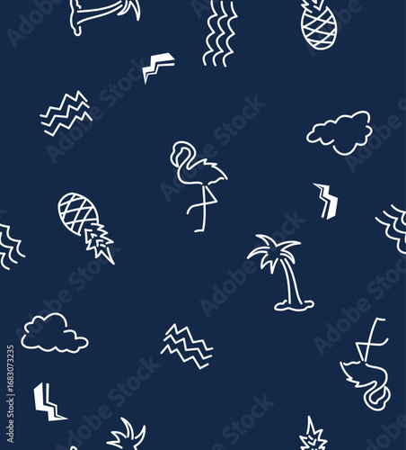 patrón tropical minimalista con flamencos, palmeras y piñas sobre fondo azul marino