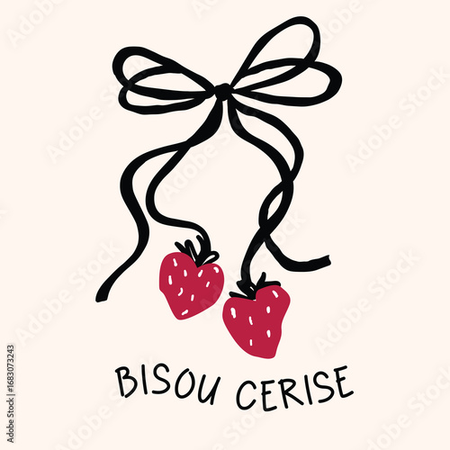 bisou cerise strawberry cherie bow ribbon vector print background 