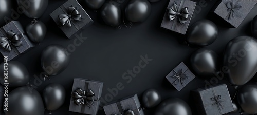 Black friday sale background with gifts and balloons for promotion and shopping template hundred characters