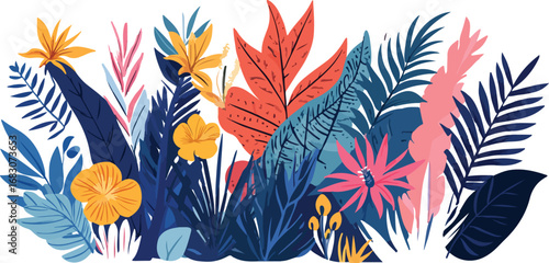Vibrant tropical foliage with lush green leaves and colorful exotic flowers in a stylized illustration