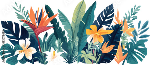 Vibrant tropical foliage and exotic flowers in a lush botanical arrangement