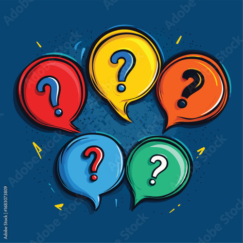 FAQ, QA questions and answers supposrt service futuristic concept. Speech bubbles and question marks , vector style simple color
