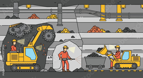 Flat vector design of miners using drills and machinery to extract minerals from underground rock walls