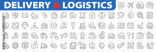 Delivery and Logistics icon set. Order tracking, delivery home, warehouse, truck, scooter, courier, cargo, box, package tracking, express mail and more. Outline icon collection. Editable stroke